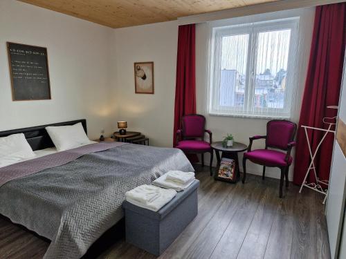 1 Schlafzimmer mit einem Bett, 2 Stühlen und einem Fenster in der Unterkunft Apartment St. Pölten in Sankt Pölten