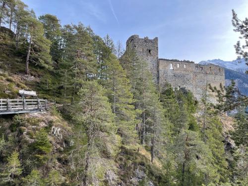a castle on the side of a mountain with trees at Sonnige Panorama Aussicht bei Davos Lenzerheide in Schmitten