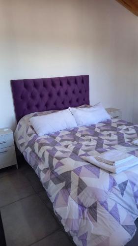 a bed with a purple headboard in a bedroom at Casa costanera Lago Buenos Aires, Los Antiguos in Los Antiguos