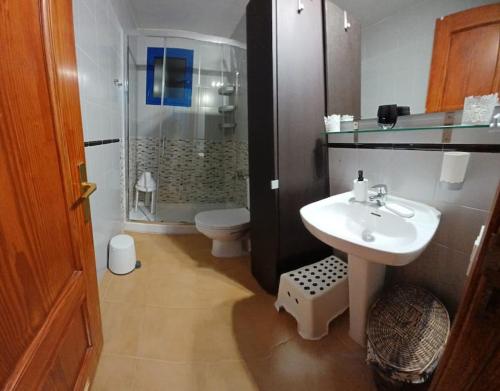 a bathroom with a sink and a shower and a toilet at Apartamento Los Girasoles in Corralejo