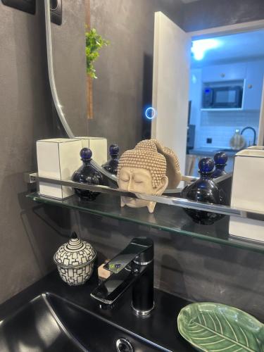 un comptoir de salle de bain avec un lavabo et un miroir dans l'établissement LE BALI, à La Grande Motte