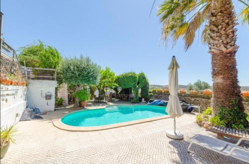 uma piscina com uma palmeira e um guarda-sol em Fabulous country house with pool em Terena