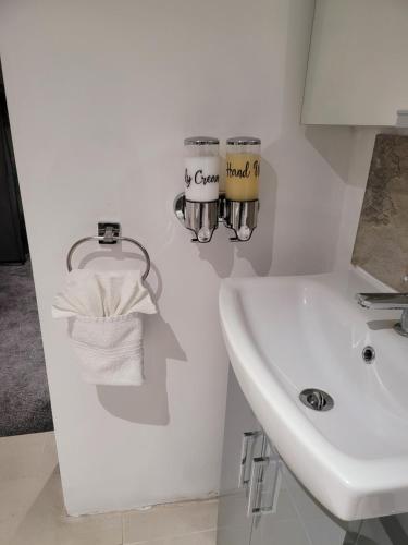 a bathroom with a sink and a towel rack at Hidden Treasure-Netflix and Wi-Fi in Gillingham