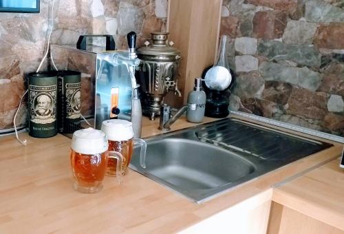 a kitchen sink with two mason jars of honey at Apartmán Dračí údolí in Trutnov