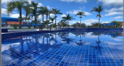 una gran piscina con palmeras en el fondo en Apartamento Refúgio das Thermas, en Piratuba