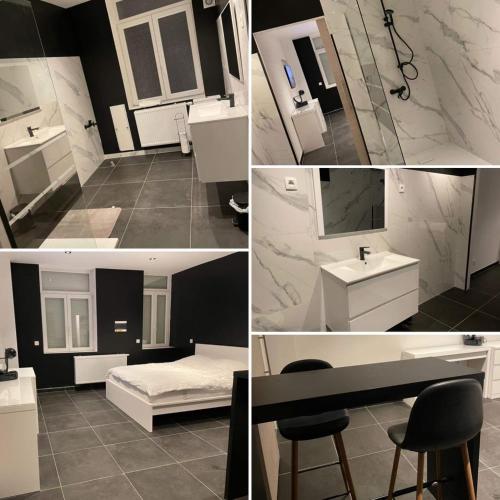 un collage de quatre photos d'une salle de bains avec lavabo dans l'établissement Room of Tournai 2, à Tournai