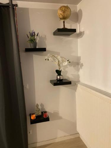 Somie في ليل: غرفة بها رفوف عليها زهور وشموع على الحائط