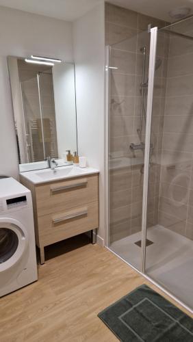 a bathroom with a shower and a washing machine at Charmant T2 proche Gare in Laval