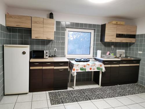 een keuken met een witte koelkast en een tafel. bij Dom Gościnny Bliżej Gwiazd in Nacmierz