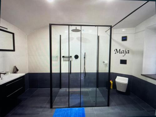 Un baño con ducha, lavabo e inodoro. en Słoneczne Apartamenty, en Sokołowsko