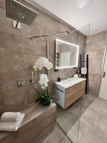 une salle de bain avec un lavabo et un miroir dans l'établissement Fantastic villa in the bay of Cannes, 5 minutes from the beach - with private pool, à Mandelieu-la-Napoule