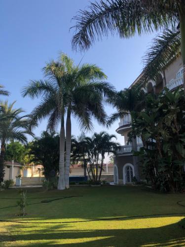 a palm tree in front of a house at Condo in a Private Resort setting King Maryout Alamriyah Governorate Egypt Comes with an outdoor private infinity swimming pool with a large garden Borg Alarb International Airport is 15 minutes- Families Only in Alexandria