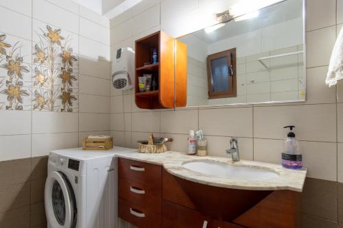 uma casa de banho com um lavatório e uma máquina de lavar roupa em Alice house 3 em Amarinthos