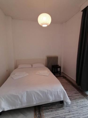 ein Schlafzimmer mit einem weißen Bett und einer Lampe in der Unterkunft Armonia C1 in Tríkala