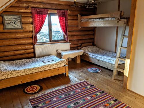 Zimmer mit 2 Etagenbetten und einer Leiter in der Unterkunft Vasanna in Kossiw