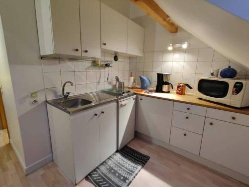 een kleine keuken met een wastafel en een magnetron bij Appartement - Stiring-Wendel in Stiring-Wendel