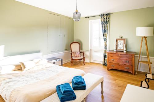 a bedroom with a large bed with two blue towels on it at Chambres le Cèdre lezoux in Lezoux