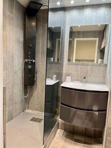 une salle de bain avec douche et lavabo dans l'établissement Studio 4 personnes à Saint-Mandrier-sur-Mer, à Saint-Mandrier-sur-Mer