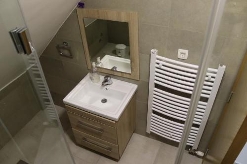 a bathroom with a sink and a mirror at Apartmani Vlašić-Petrol in Travnik