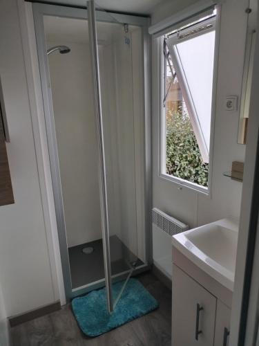 une salle de bain avec une douche et un lavabo et une fenêtre dans l'établissement Les sables du midi, à Sérignan