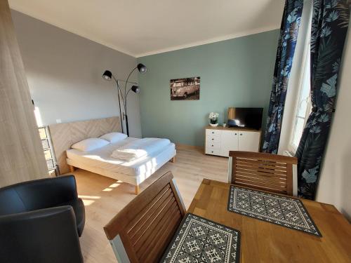 sala de estar con cama, mesa y sillas en Appartement meublé rénové idéal pour curistes ou vacanciers, en La Roche-Posay