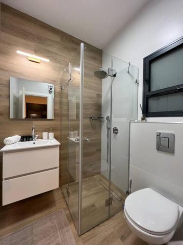 a bathroom with a shower and a toilet and a sink at Aramis Suite in Neot Golan