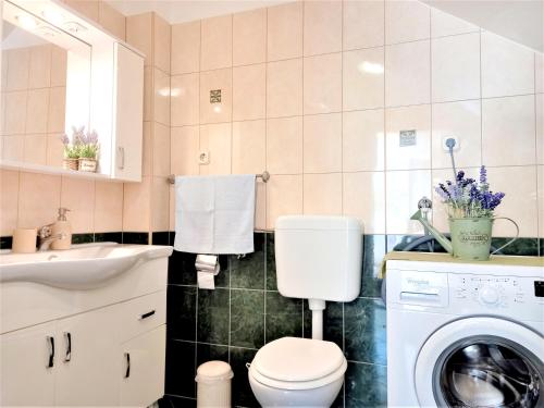 a bathroom with a toilet and a sink and a washing machine at Apartment Megi in Supetar historical core in Supetar