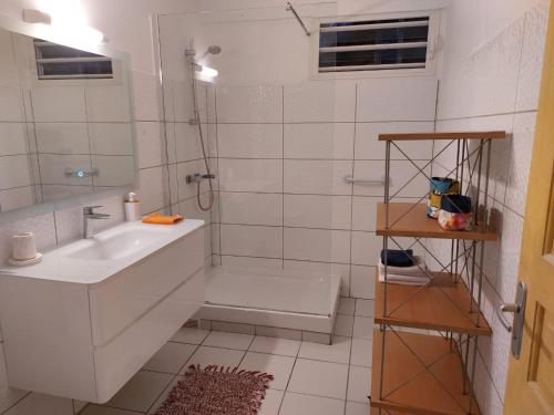 a white bathroom with a shower and a sink at T2 cirique in Les Anses-dʼArlets