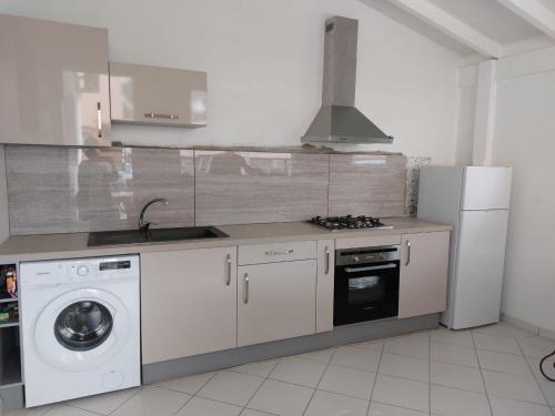 eine Küche mit einer Waschmaschine und einem Kühlschrank in der Unterkunft T2 cirique in Les Anses-dʼArlets