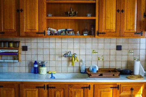 - un comptoir de cuisine avec évier et placards en bois dans l'établissement Traditional cozy residence in Lafkos, Pelion, à Lafkos