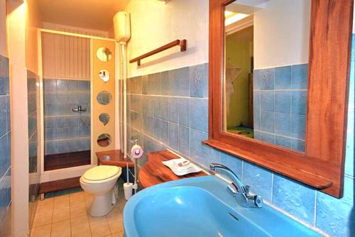 a blue bathroom with a toilet and a sink at Le Jardin du Petit Macabou in Le Vauclin