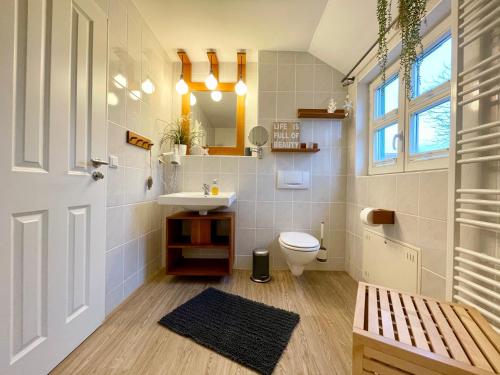 a bathroom with a toilet and a sink at Meerluft 10 in Dranske