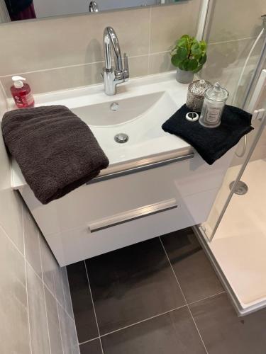 - un lavabo avec une serviette et un robinet dans l'établissement appartement à Tarascon sur Ariège le Sabart, à Tarascon-sur-Ariège