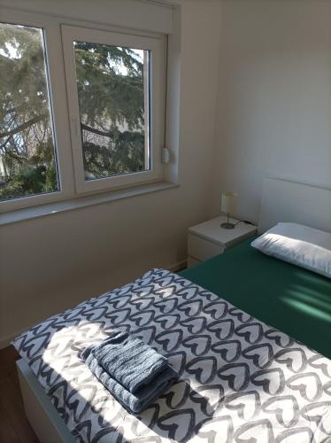 a bedroom with a bed and two windows at Apartman Pećine in Rijeka