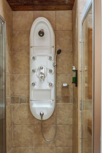 a shower with a toilet in a bathroom at BOG Ocrehue - Cabanas in Villa La Angostura
