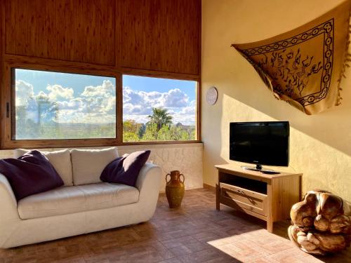 ein Wohnzimmer mit einem Sofa und einem Flachbild-TV in der Unterkunft Villa Rita - Puglia Mia Apartments in Antonelli