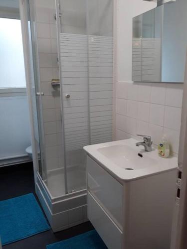 une salle de bain blanche avec une douche et un lavabo dans l'établissement Bel appartement centre Rouen avec terrasse, à Rouen