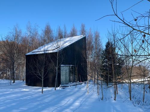 a black barn in the snow with trees at Drewniany dom w brzozowisku in Pieszyce
