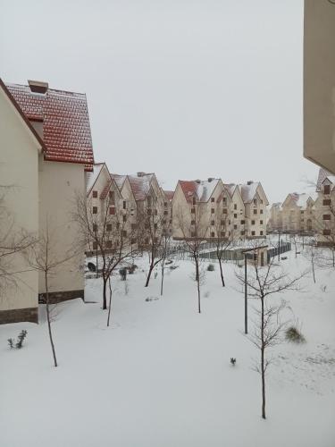 a snow covered yard with houses and trees at Ifrane marhaba in Ifrane