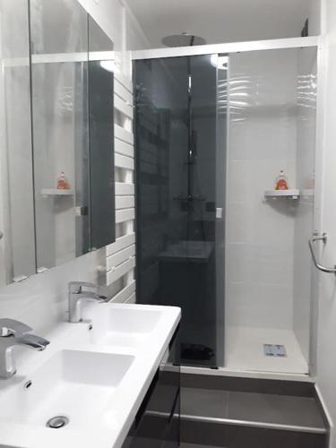 une salle de bain blanche avec une douche et un lavabo dans l'établissement Beautiful Appartment in ROUEN, à Rouen