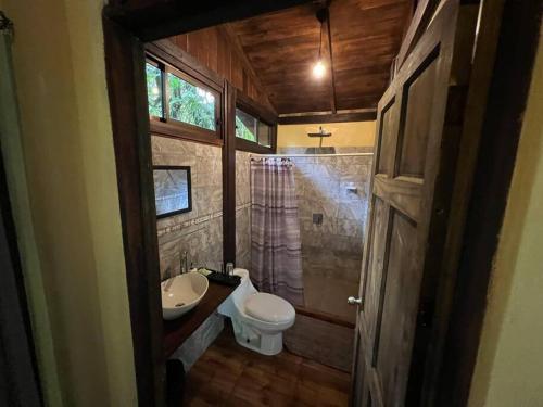 uma casa de banho com um WC, um lavatório e um chuveiro em Casita Lidia Bijagua em Bijagua