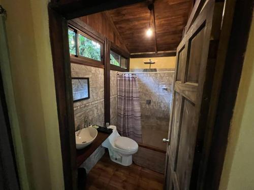 une salle de bains avec toilettes, lavabo et douche dans l'établissement Casita Lidia Bijagua, à Bijagua