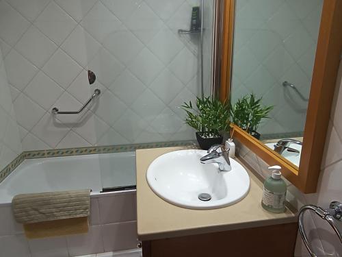 ein Badezimmer mit einem Waschbecken, einem Spiegel und einer Badewanne in der Unterkunft Garajau Terrace Adventure-Pool and Free Parking in Caniço