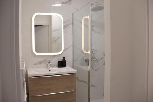 ein Bad mit einem Waschbecken und einer Dusche mit einem Spiegel in der Unterkunft Antibes centre, 2P refait à neuf, terrasse, garage in Antibes