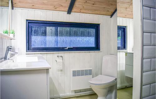 a bathroom with a toilet and a sink and a window at Awesome Home In Annerstad With 3 Bedrooms And Sauna in Annerstad