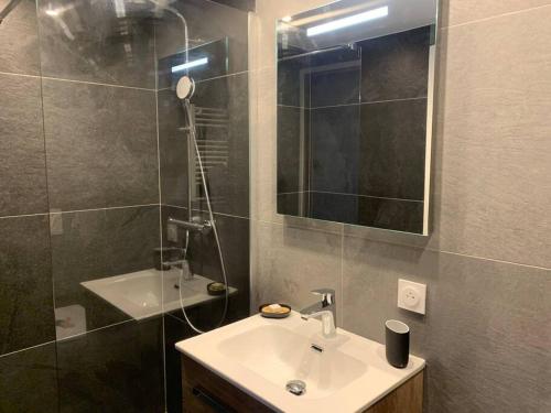 een badkamer met een wastafel, een douche en een spiegel bij Meribel Chalet de Séverine in Les Allues
