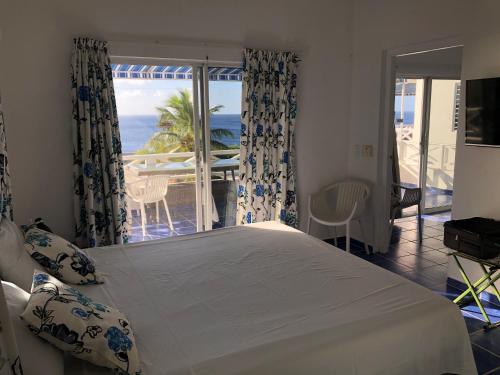 a bedroom with a bed and a view of the ocean at Marazul Dive Resort. 3 Bedroom Seafront House. Dive, Snorkel, enjoy amazing sunsets in Westpunt