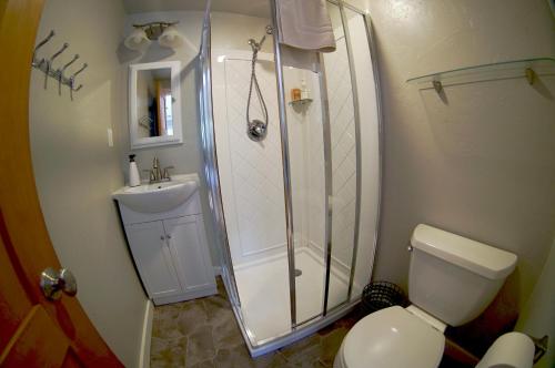 a bathroom with a shower and a toilet and a sink at Steps Away in Eugene