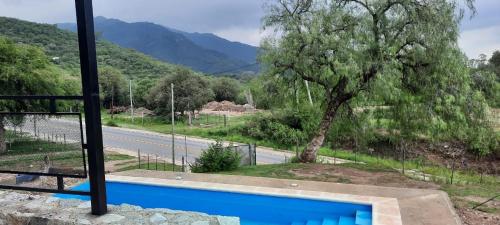 een zwembad met een boom en een weg bij El Despertar in Valle Hermoso