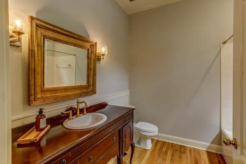 a bathroom with a sink and a mirror and a toilet at Bonne Terre Inn Magnolia Room 